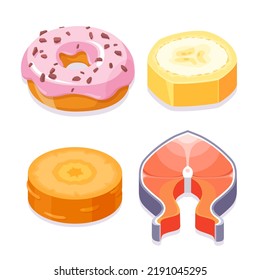Sliced food vector icons set. Fish, donut, banana, carrot.