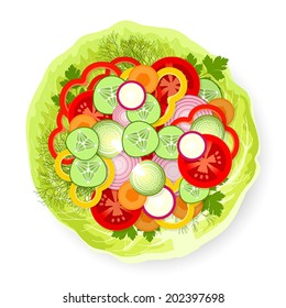 Sliced fresh appetizing vegetables and greens on cabbage leaf