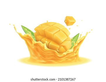 Sliced fresh mango with leaves in juice splashes realistic vector illustration