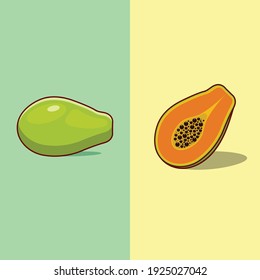 Icono de papaya fresca cortada. Ilustración plana del icono del vector de papaya fresco en lona para web aislado en fondo amarillo y verde para web, anuncios, publicidad, banner, pegatina, pop, menú, volante, sitio web
