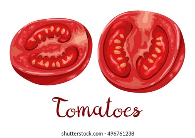 Sliced fresh raw tomatoes with seeds and pulp. Isolated with the inscription