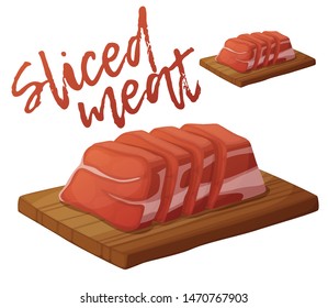 Sliced fresh red meat on a wooden board illustration. Cartoon vector illustration isolated on white background