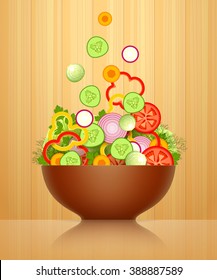 Sliced fresh vegetables are falling in large brown bowl, on wooden background. Vegetable mix for salad. Raw food diet and vegetarian food concept
