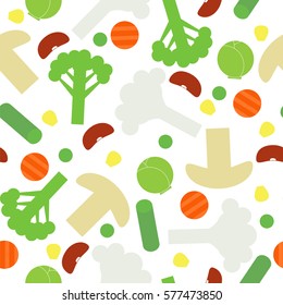 Sliced frozen colorful vegetables seamless pattern on white background. Stock vector illustration of veggies, food for healthy lifestyle.