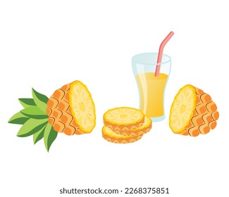 Sliced ​​pineapple fruit and a glass of pineapple juice with straw. Vector illustration cartoon flat icon isolated on white background.