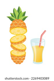 Sliced ​​pineapple fruit and a glass of pineapple juice. Vector illustration cartoon flat icon isolated on white background.