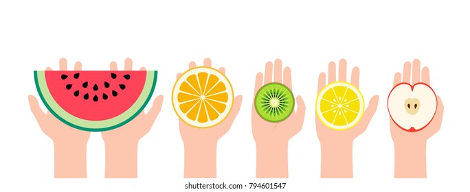 sliced fruit in hands top view on white background