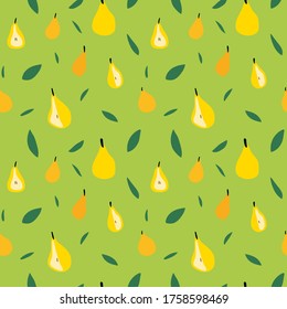Sliced fruit on salad green background. Summer leaves and pear seamless pattern. Cute drawing print for kids apparel, textile, fabric, wrapping paper. EPS10, editable