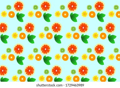 Sliced ​​colorful fruit patterns from various types of fresh oranges with a blue background. From the top view. Vector Eps 10