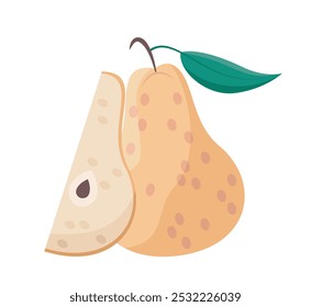 Sliced fruit sticker. Natural and organic fresh pear. Healthy eatings and vitamins. Proper nutrition and diet. Social media sticker. Flat vector illustration isolated on white background