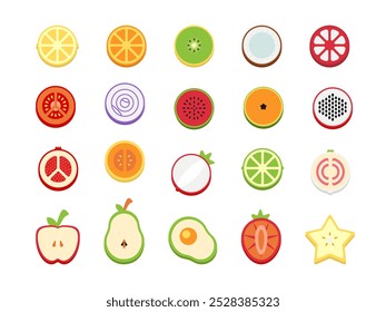 Ilustración plana de frutas y verduras en rodajas