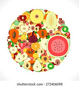 Sliced fruits in a circle, vector background