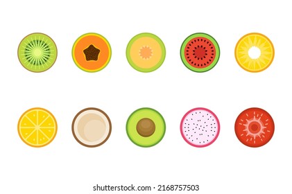 Sliced Fruits with flat round style isolated on white background