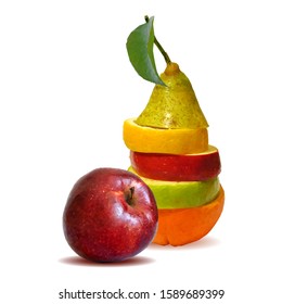 Sliced fruits low poly. Fresh pear and tasty apple. Nutritious orang and lemon. Elements for label design. Vector illustration. Fruits ingredients in triangulation technique. Sliced fruits low poly.