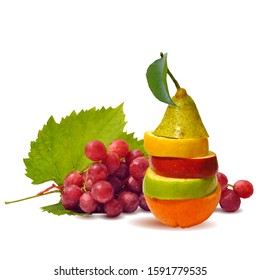 Sliced fruits low poly. Fresh pear and tasty apple. Nutritious orang and grape. Elements for label design. Vector illustration. Fruits ingredients in triangulation technique. Sliced fruits low poly.