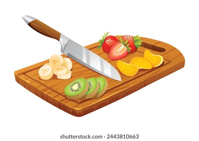 Sliced fruits on wooden cutting board. Salad fruit ingredients. Vector illustration isolated on white background