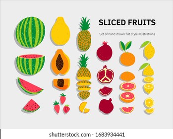 Sliced fruits set - vector illustration, cartoon doodle hand drawn flat style. Pomegranate, water-melon, pine-apple, papaya, lemon, grapefruit, pomegranate. Healty detox food