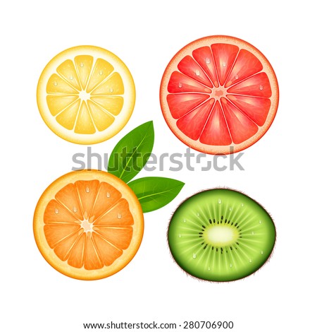 Sliced fruits top view set of lemon grapefruit orange and kiwi isolated vector illustration