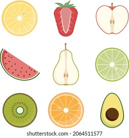 Geschnittene Früchte. Vektorfarbige flache Illustration, Erdbeere, Apfel, Melone, Birne, Limette, Kiwi, Orange, Avocado auf weißem Hintergrund