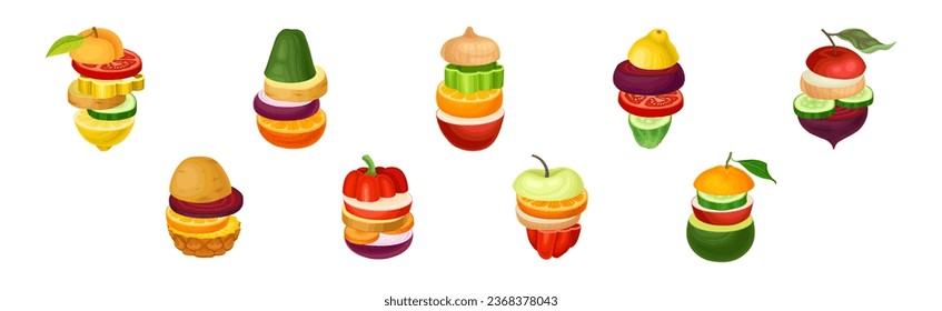 Sliced Fruits and Vegetables Arranged in Pile Vector Set