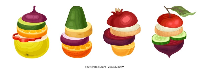 Sliced Fruits and Vegetables Arranged in Pile Vector Set