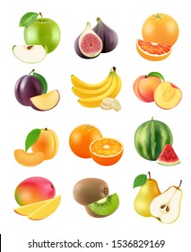 Sliced fruits. Vegetarian food agriculture objects plum orange banana pear kiwi apricot apple orange vector realistic