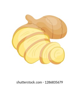 Sliced ginger root. Natural food. Organic product. Healthy nutrition. Cooking ingredient. Detailed flat vector icon