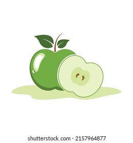 Sliced green apple with leaf vector illustration.