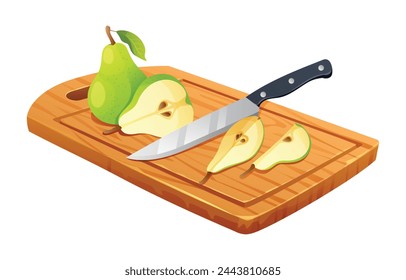 Sliced green pears with knife on cutting board. Vector illustration isolated on white background