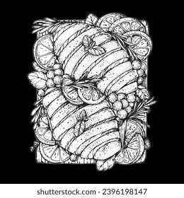 Sliced grilled beef steak on cutting board sketch. Hand drawn vector illustration. Top view.