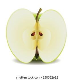 Sliced half fresh green apple on white background.