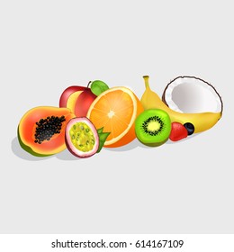 Sliced in half tropical fruits set. Group of juicy fruits, berry and nut realistic vectors isolated on white. Fresh exotic dessert illustration for healthy food and natural nutrition concepts 