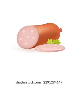 Sliced ham or sausage 3d vector illustration. Smoked meat product for cooking or restaurant in cartoon style isolated on white background. Fast food, shop, menu concept