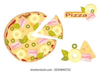 Sliced Hawaiian pizza with pineapple, ham, cheese, basil and olive. Italian food. Cartoon style. Vector illustration.