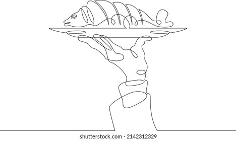 Geschnittener heißer Fisch. Fischgericht.Eine durchgehende Linienzeichnung.Der Kellner trägt Essen auf einem Tablett. Essen in einem Restaurant. Eine Hand hält ein Fach. Line Art einzeln auf weißem Hintergrund.
