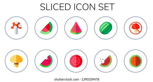 sliced icon set. 10 flat sliced icons.  Simple modern icons about  - mushroom, watermelon, tomato slice