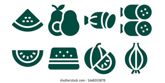 sliced icon set. 8 filled sliced icons.  Simple modern icons such as: Watermelon, Avocado, Salami, Onion