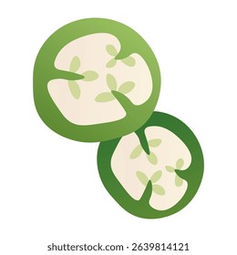 Sliced jalapeno pepper. Cartoon green chili spicy ingredient, chopped raw vegetable for cooking design, ripe chopped green cayenne hot pepper pods. Vector isolated illustration.