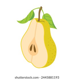Sliced juicy pear cartoon style. Fresh pear with leaves. Modern flat illustration chopped pear, fruits, healthy eating. Isolated on white background. Vector illustration