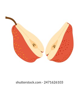 Sliced juicy red pear cartoon illustration. Modern flat style two pear halves, fruits, healthy eating. Isolated on transparent background. Vector illustration