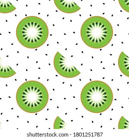 Sliced kiwi and black seeds on a white background. Seamless background. Design for textile, poster, banner 