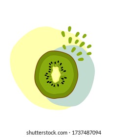 Sliced kiwi in contemporary abstract style with colorful geometric elements. Colored circle slices of bergamot,  kiwi on white background. Realistic green and yellow fruit.