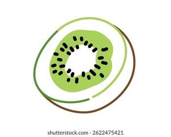 Sliced kiwi fruit with green flesh and black seeds. Flat outline illustration in minimal cartoon style. Healthy tropical food and summer fruit concept