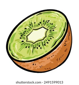 Sliced kiwi fruit illustration isolated on square white background. Simple flat cartoon art styled drawing.