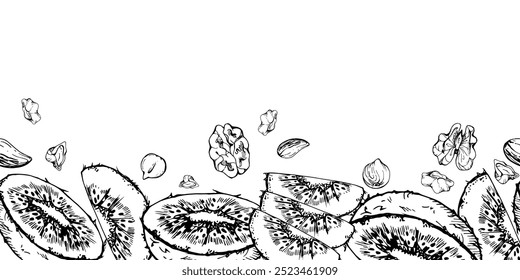 Kiwi fatiado e frutas de casca rija misturam-se para a dieta, estilo de vida saudável, cozinha vegan. Tinta vetorial desenhada à mão. Ilustração borda sem costura isolada no fundo branco. Projetar livro de receitas, site, cartão, menu