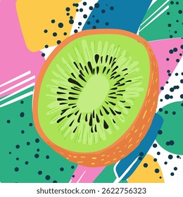 Kiwi en rodajas en estilo Vector de Memphis, S, colores pastel y contorno llamativo, Arte vectorial plano