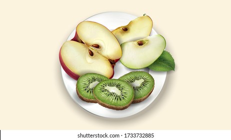 Sliced kiwi, red and green apple on a white plate.