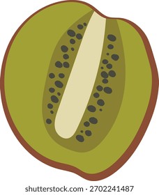 Um kiwi fatiado com sementes visíveis em um estilo plano e arrojado. O interior do fruto é representado com uma textura suave e detalhes claros. Ilustração de vetor de desenhos animados.