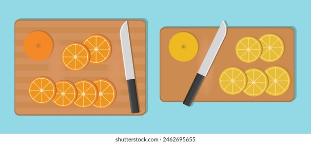 sliced with knife orange and lemon on cutting board top view vector flat illustration
