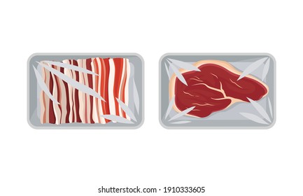 Sliced Lard and Beef Slab in Plastic Serving Tray Vector Set